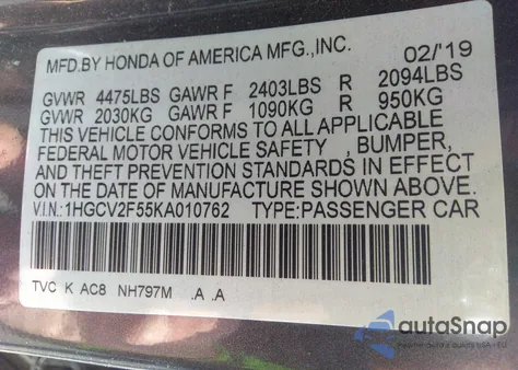 2019 Honda Accord Ex-L 2.0T from USA, damaged, VIN 1HGCV2F55KA010762